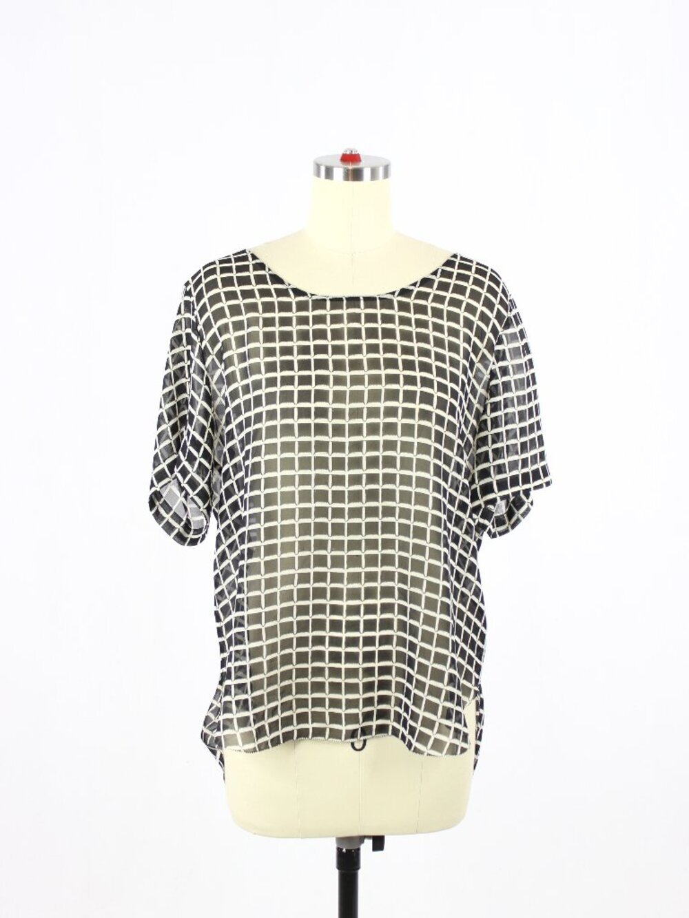 Aritzia WILFRED Black White Check Sheer Silk Georgette T-Shirt Blouse, Size M